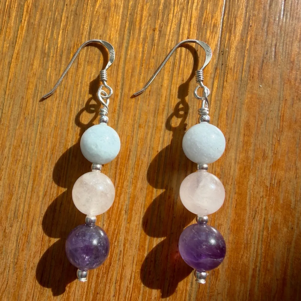 Amethyst, Rose Quartz & Aquamarine Handmade Earrings 925 Sterling Silver Hooks - Picture 4 of 6
